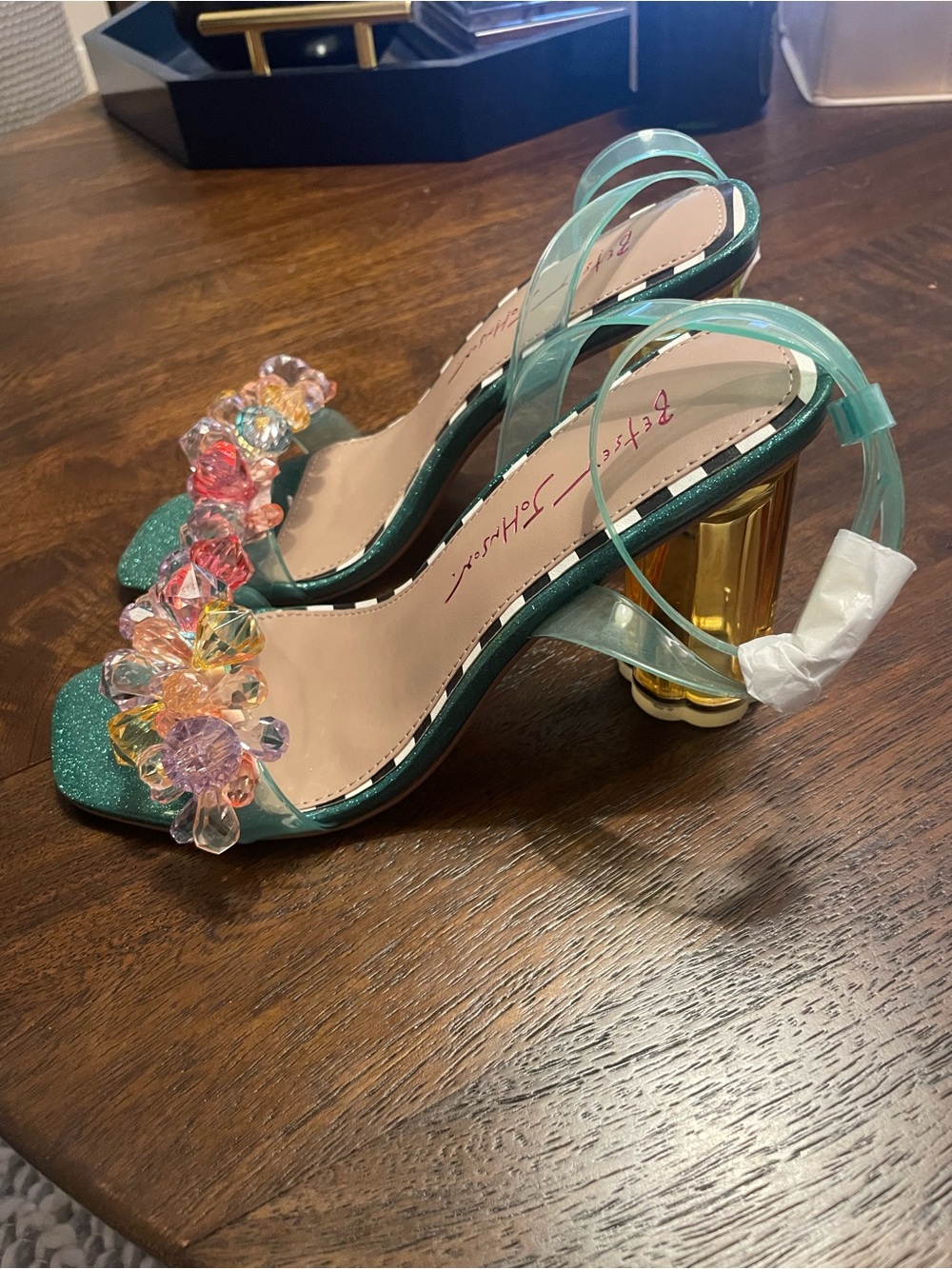 Betsey Johnson Teal “Brodie” clear Ankle-Strap Heels with Crystals, size 6.5 - Picture 4 of 15